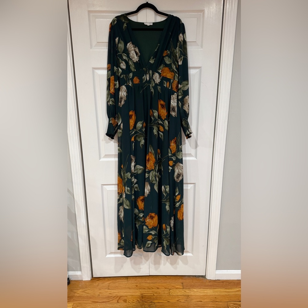 Floral Long Sleeve Dress - Green and Orange